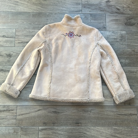 LL Bean Embroidered Faux Suede Sherpa Lined Zip Up Jacket Womens Medium Beige - Picture 5 of 8